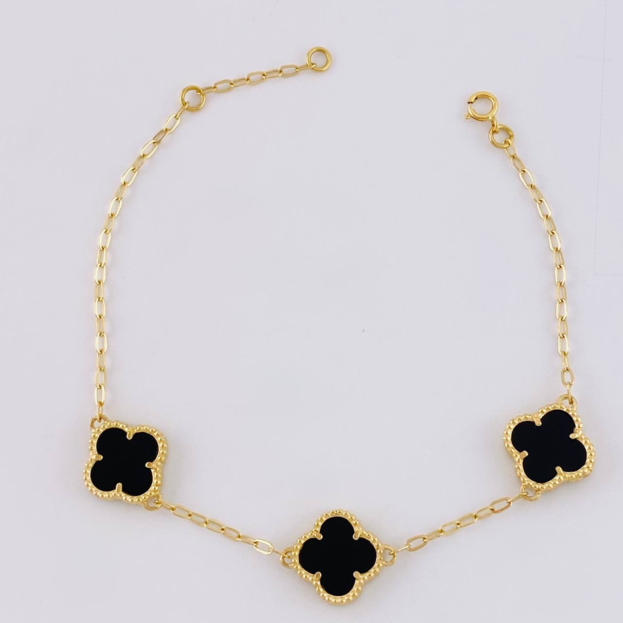 Paperclip Bracelet Clover Onyx 5.55g / 7 3/4 in / 1.8mm Yellow Gold 18K