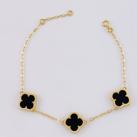 Paperclip Bracelet Clover Onyx 5.55g / 7 3/4 in / 1.8mm Yellow Gold 18K