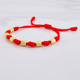 Pulsera Tejida Roja 7 Nudos 6 Cilindros Diamantado Oro Amarillo 18K