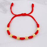 Pulsera Tejida Roja 7 Nudos 6 Cilindros Diamantado Oro Amarillo 18K