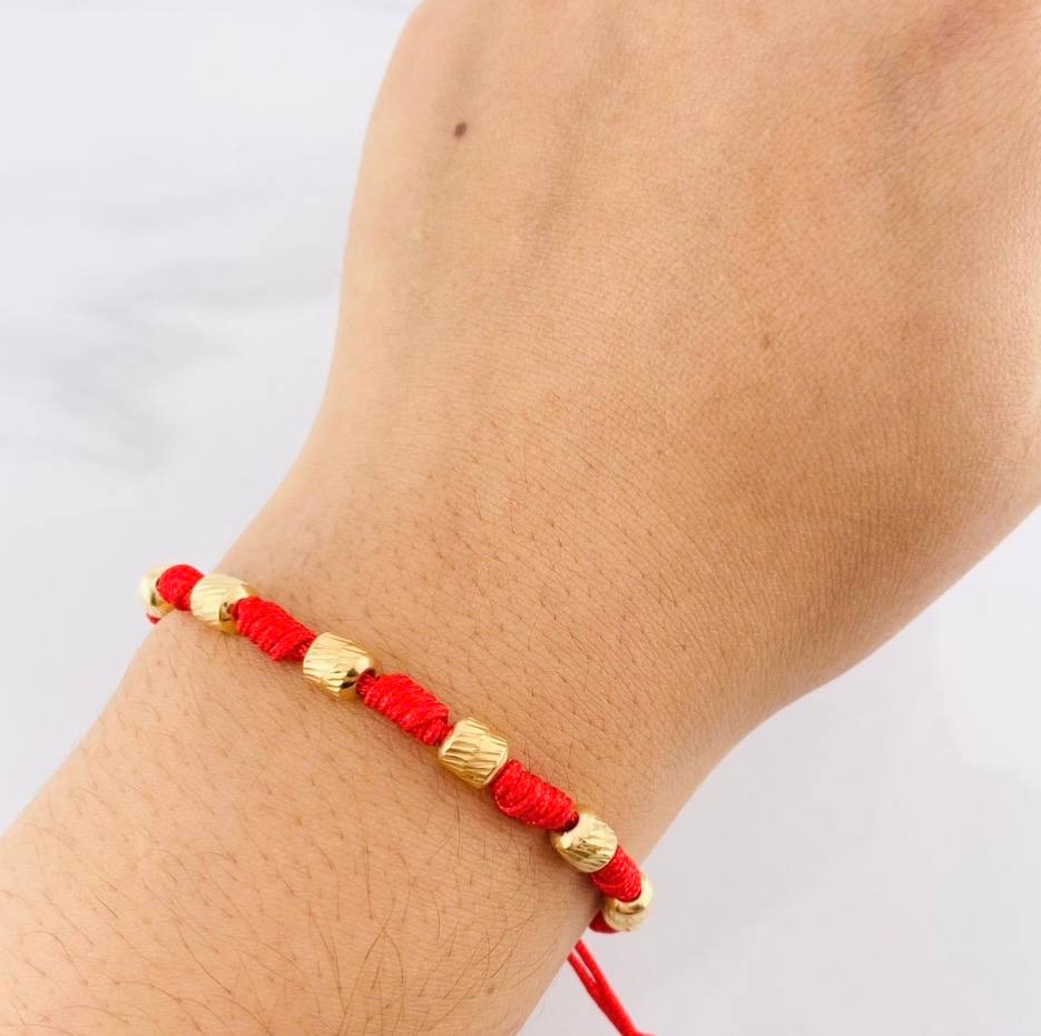 Pulsera Tejida Roja 7 Nudos 6 Cilindros Diamantado Oro Amarillo 18K
