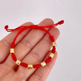 Pulsera Tejida Roja 7 Nudos 6 Cilindros Diamantado Oro Amarillo 18K