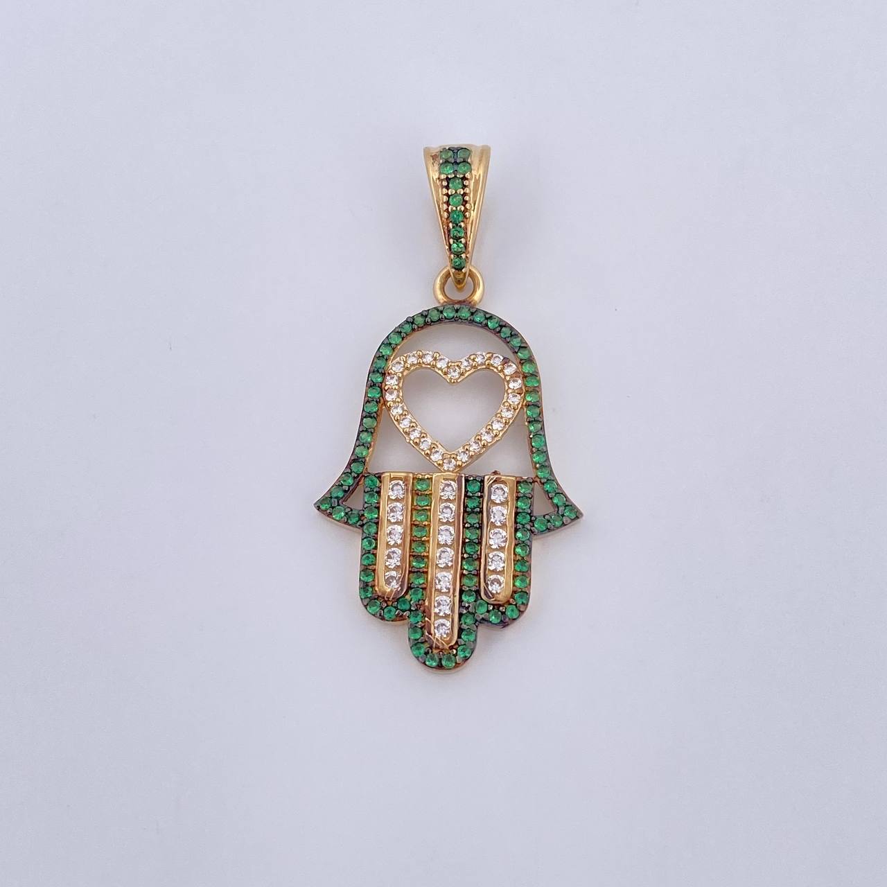 Pendant Hamsa Hand 4.25gr / 4cm / White Green Zircons Two Golds Black Yellow 18K &