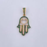 Pendant Hamsa Hand 4.25gr / 4cm / White Green Zircons Two Golds Black Yellow 18K &