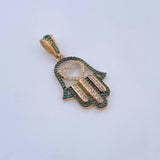Pendant Hamsa Hand 4.25gr / 4cm / White Green Zircons Two Golds Black Yellow 18K &