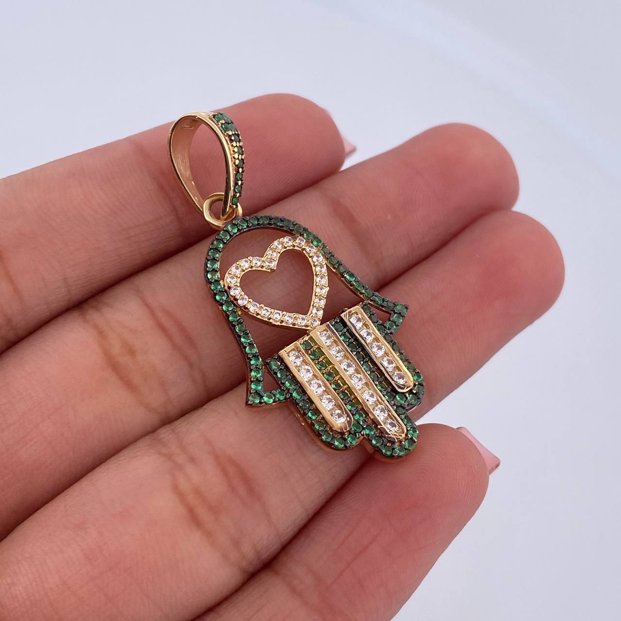Pendant Hamsa Hand 4.25gr / 4cm / White Green Zircons Two Golds Black Yellow 18K &