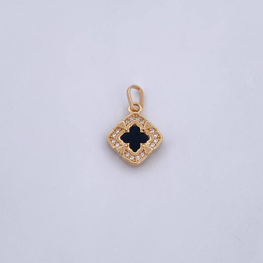 Pendant Flor Clover 1.65gr / 1.9cm / Black Onyx White Zircons 18K Yellow Gold &