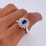 Ring Solitaire Halo 3.75gr / Size 6 3/4 / Blue and White Zircons 18K White Gold &