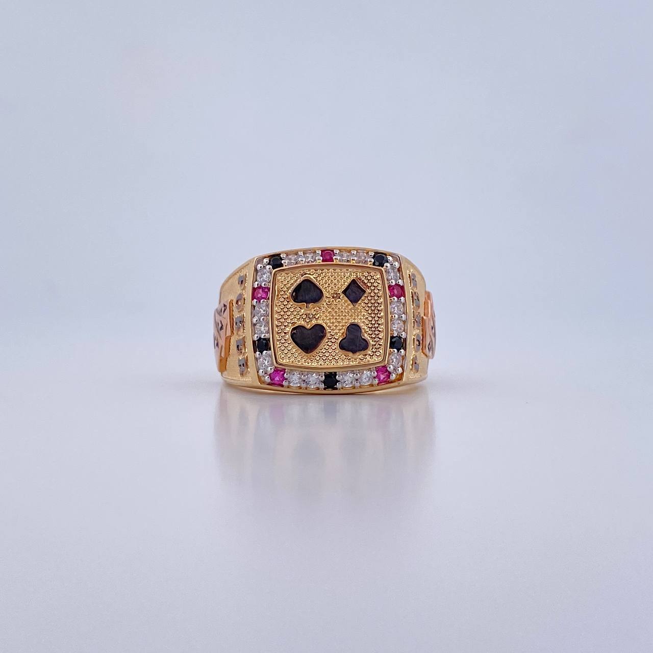 Poker Ring 9.3gr / T10 1/4 / Black Fuchsia White Zircons Three 18K Golds &