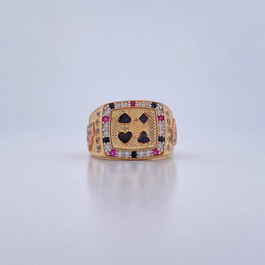 Poker Ring 9.3gr / T10 1/4 / Black Fuchsia White Zircons Three 18K Golds &