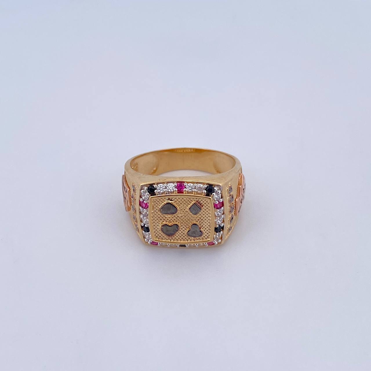 Poker Ring 9.3gr / T10 1/4 / Black Fuchsia White Zircons Three 18K Golds &