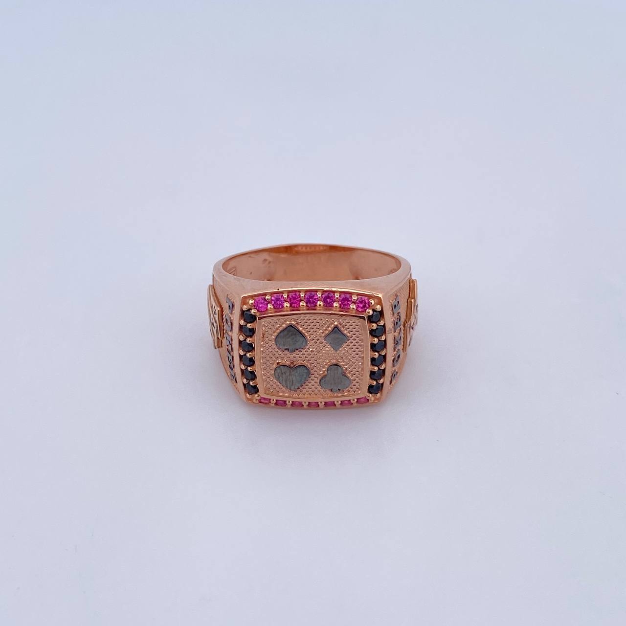 Poker Ring 9.15gr / Size 9 1/2 / Fuchsia and Black Zircons Two Black and Pink 18K Gold $