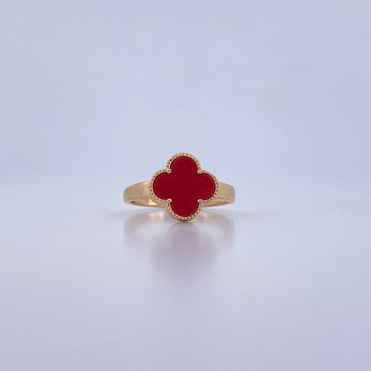 Anillo Trebol  2.75gr / T7 1/4 / Piedra Roja Oro Amarillo Nac.Esp. 18K &