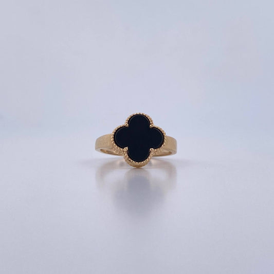 Anillo Trebol 2.8gr / T7 1/2 / Onix Negra Oro Amarillo Nac.Esp. 18K &