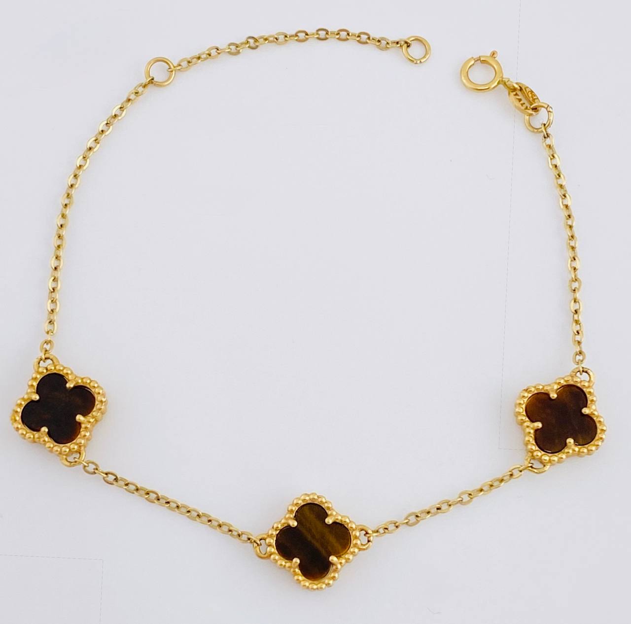 Classic Link Bracelet Clover Dotted 4.45gr / 16cm-19cm / 1.5mm Adjustable Tiger's Eye Quartz Yellow Gold 18K