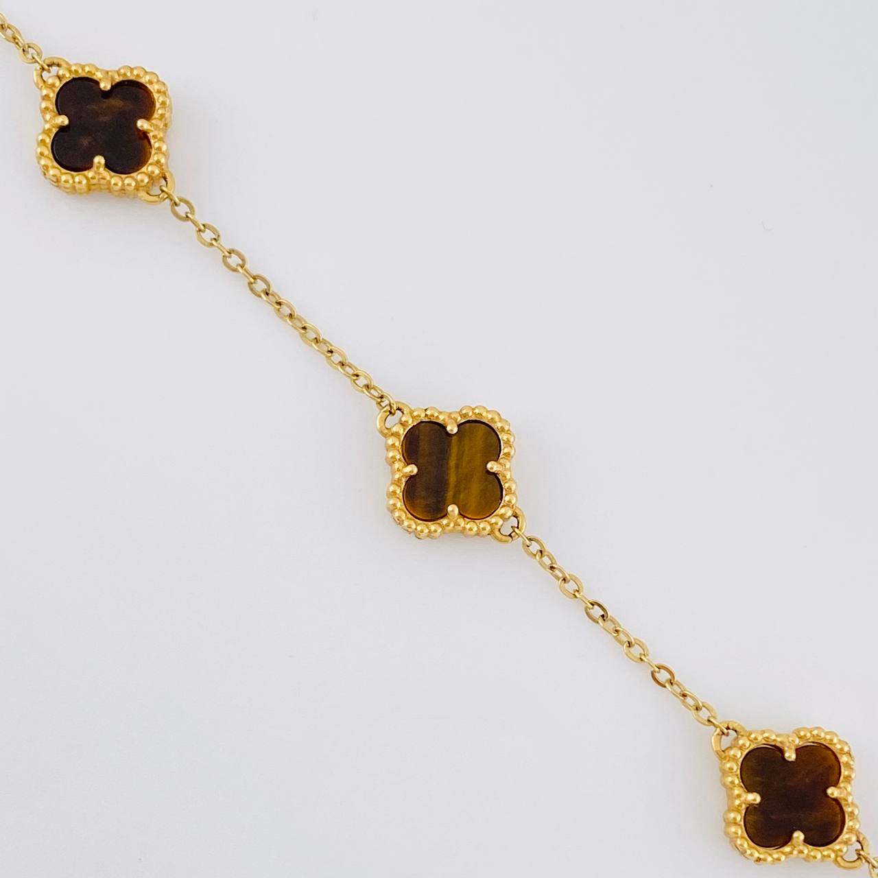 Classic Link Bracelet Clover Dotted 4.45gr / 16cm-19cm / 1.5mm Adjustable Tiger's Eye Quartz Yellow Gold 18K