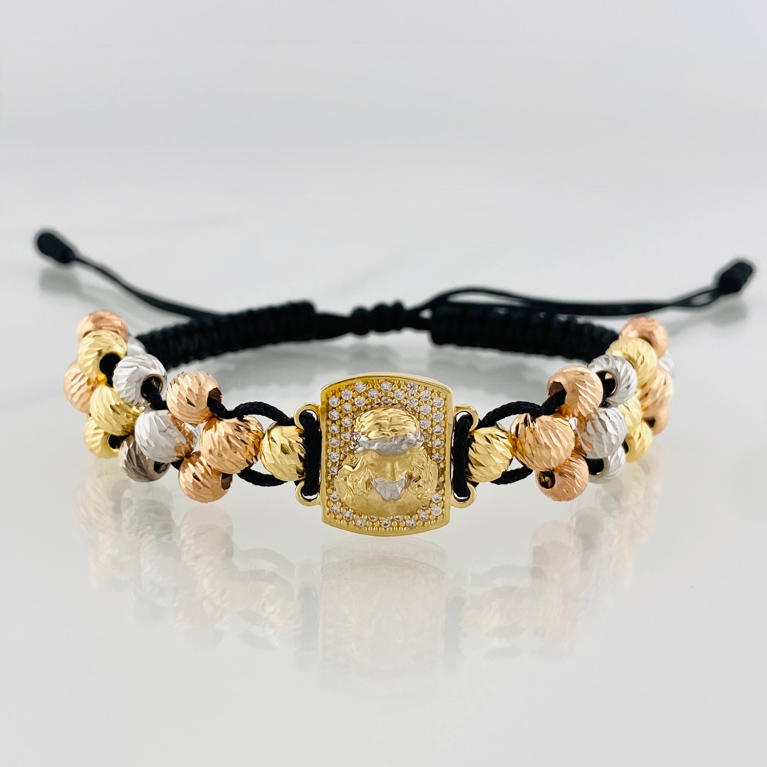 Pulsera Tejida Negra Medalla Cristo Tres Oros 18K
