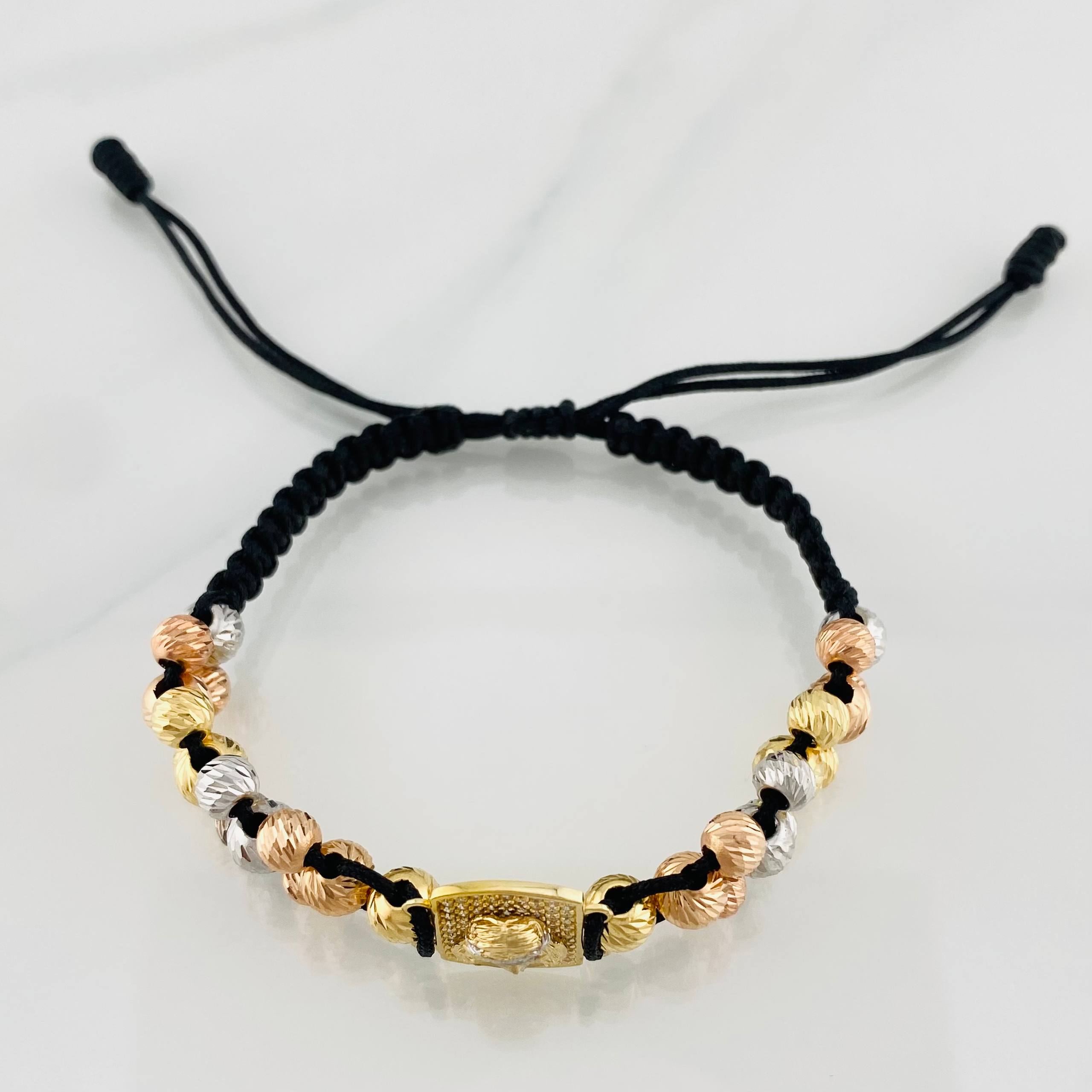 Pulsera Tejida Negra Medalla Cristo Tres Oros 18K