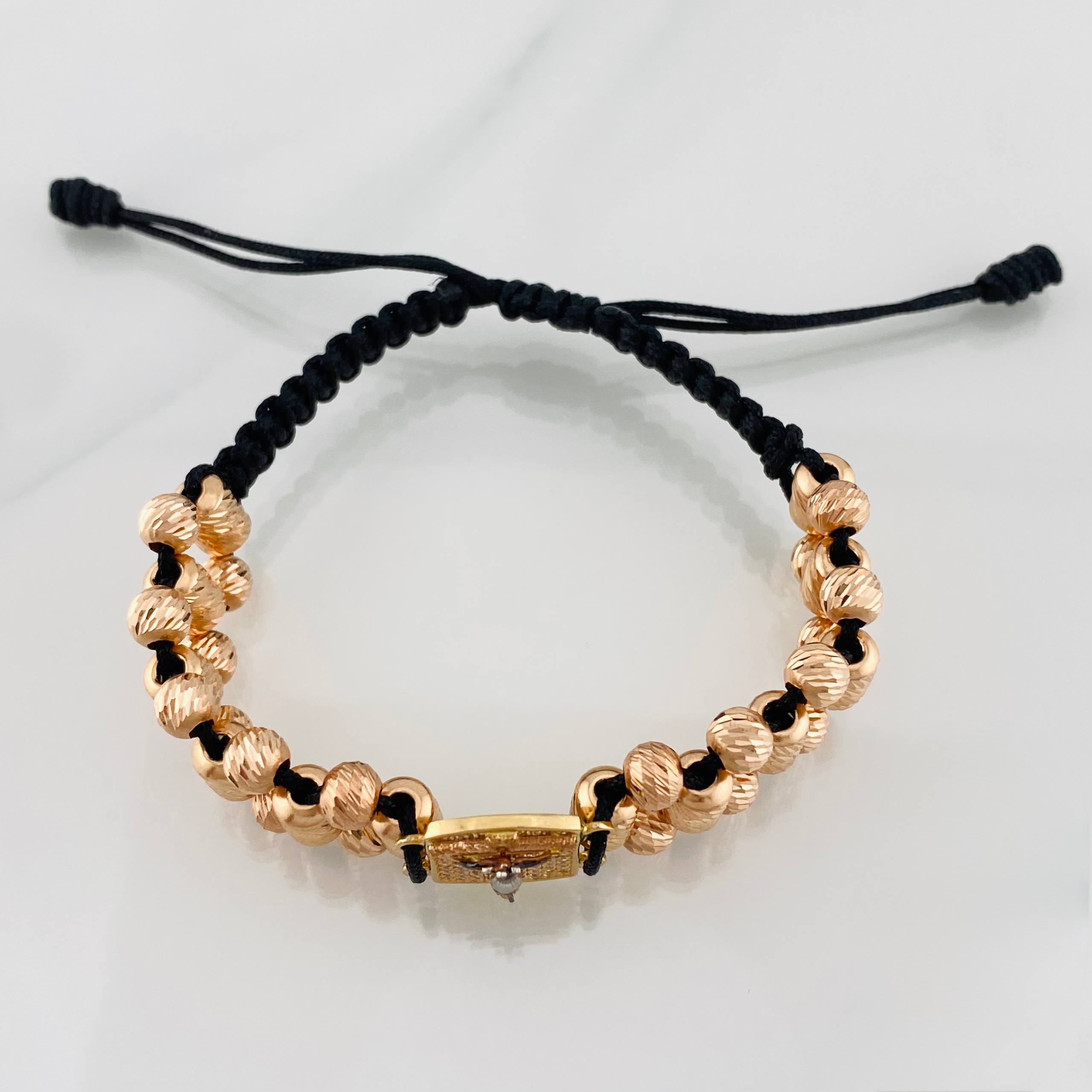 Black Woven Bracelet with Miraculous Christ of Buga Cross in Three 18K Golds