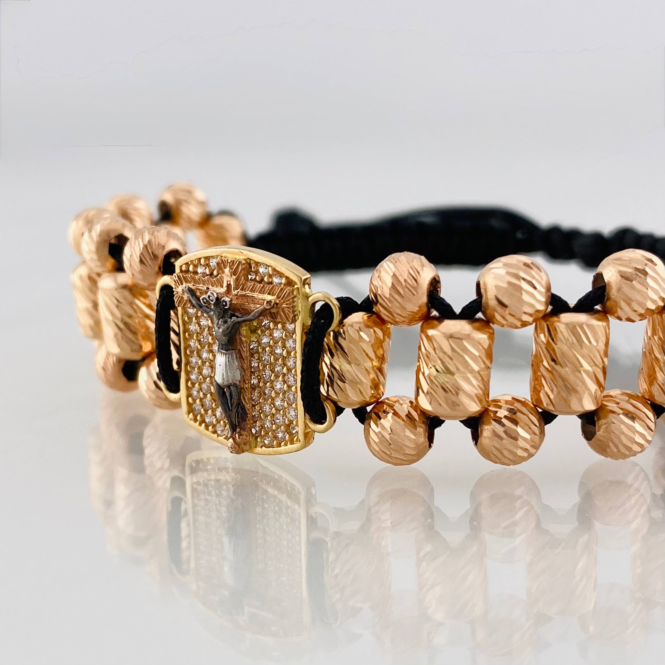 Black Woven Bracelet with Miraculous Christ of Buga Cross in Three 18K Golds