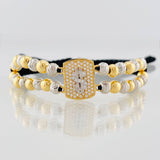 Black Woven Bracelet Peso Sign Two Golds Yellow White 18K