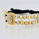 Black Woven Bracelet Peso Sign Two Golds Yellow White 18K