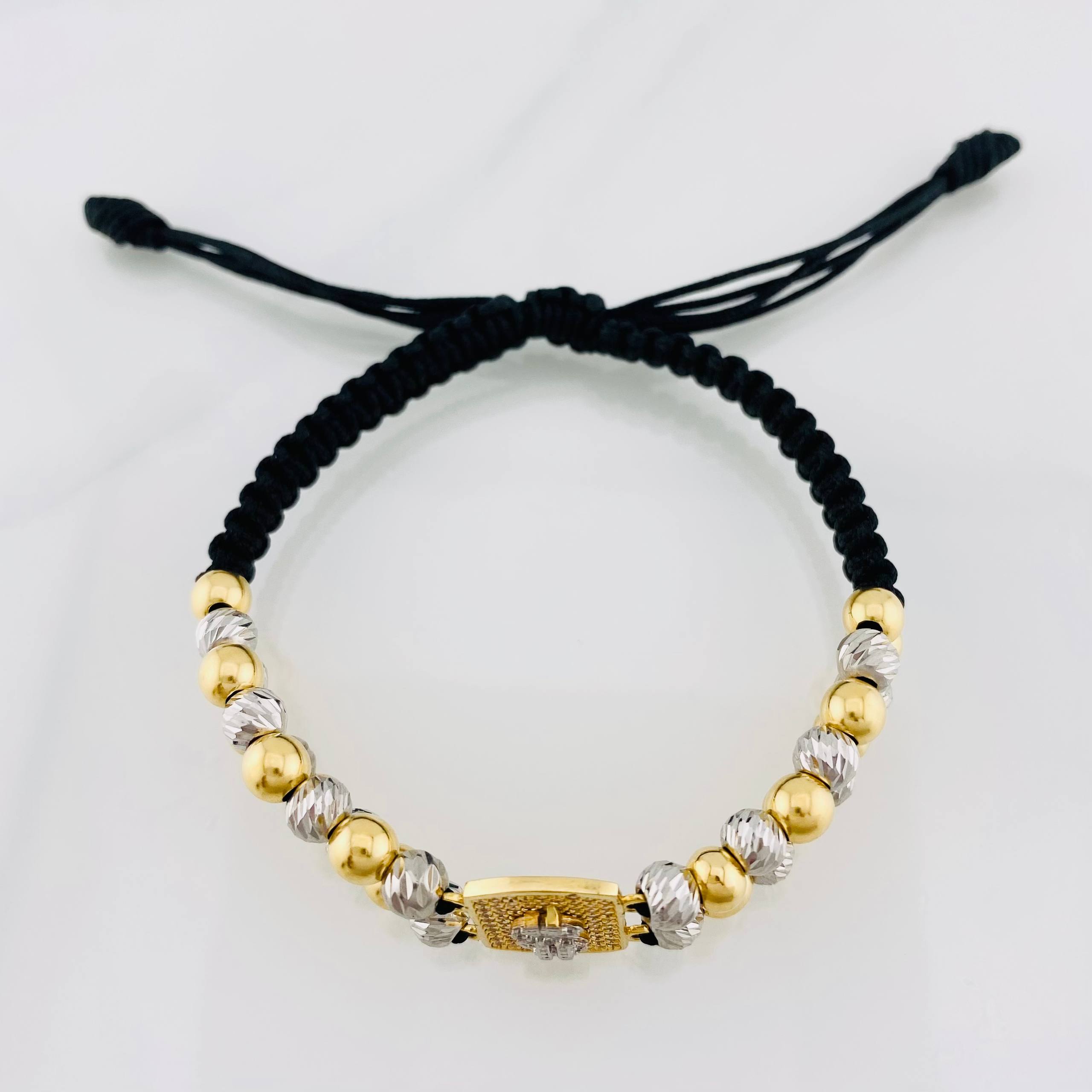 Black Woven Bracelet Peso Sign Two Golds Yellow White 18K