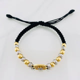 Black Woven Bracelet Peso Sign Two Golds Yellow White 18K