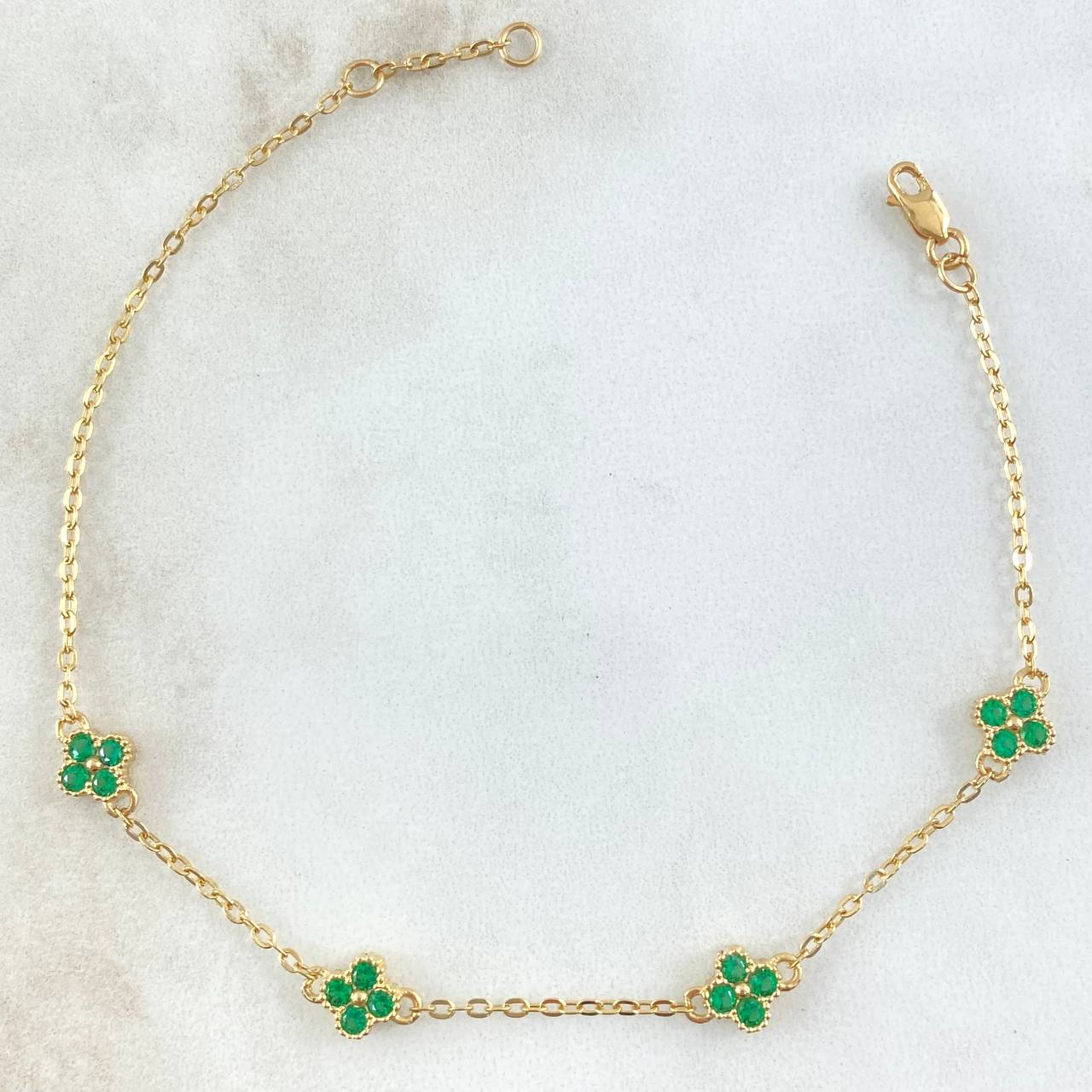 Bracelet Followed Ring Flower 2.7gr / 19cm-20cm / 1.4mm Green Zircons 4 Units Yellow Gold 18K