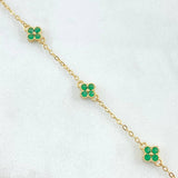 Classic Link Bracelet Flower 2.55gr / 18cm / 1.5mm Textured Edge Green Zircons Yellow Gold 18K ©