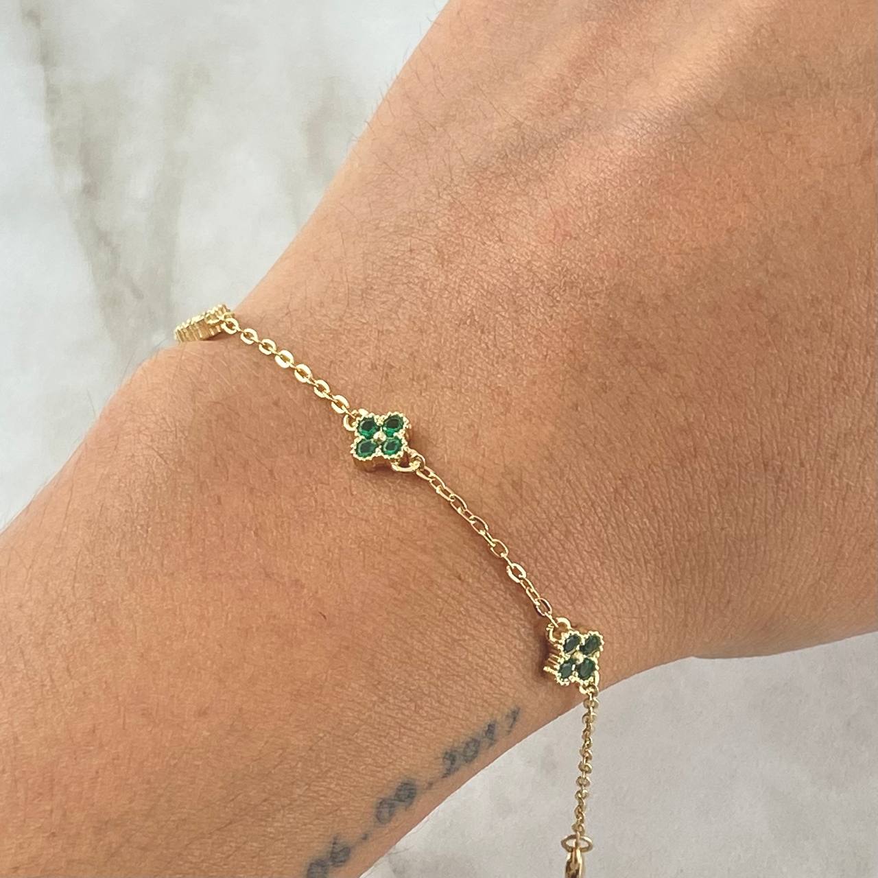 Bracelet Followed Ring Flower 2.7gr / 19cm-20cm / 1.4mm Green Zircons 4 Units Yellow Gold 18K