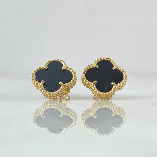 Stud Earrings Trebol 3.25gr / 10.6mm Dotted Edge Black Queen Yellow Gold 18K