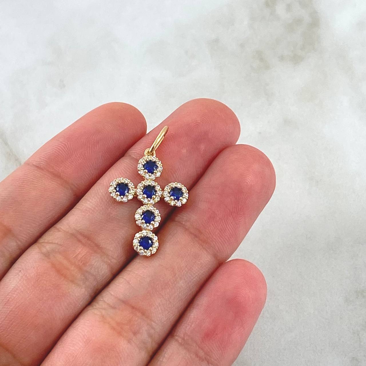 Pendant Cross Tupida 1.85gr / 2.8cm / White and Blue Zircons 18K Yellow Gold
