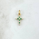 Dije Cruz Basteada Intercalada 0.65gr / 2cm / Circones Blancos Y Verdes Oro Amarillo 18K ©