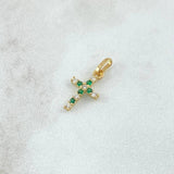 Dije Cruz Basteada Intercalada 0.65gr / 2cm / Circones Blancos Y Verdes Oro Amarillo 18K ©