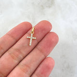 Dije Cruz Basteada 0.65gr / 2cm / Circones Blancos Oro Amarillo 18K ©