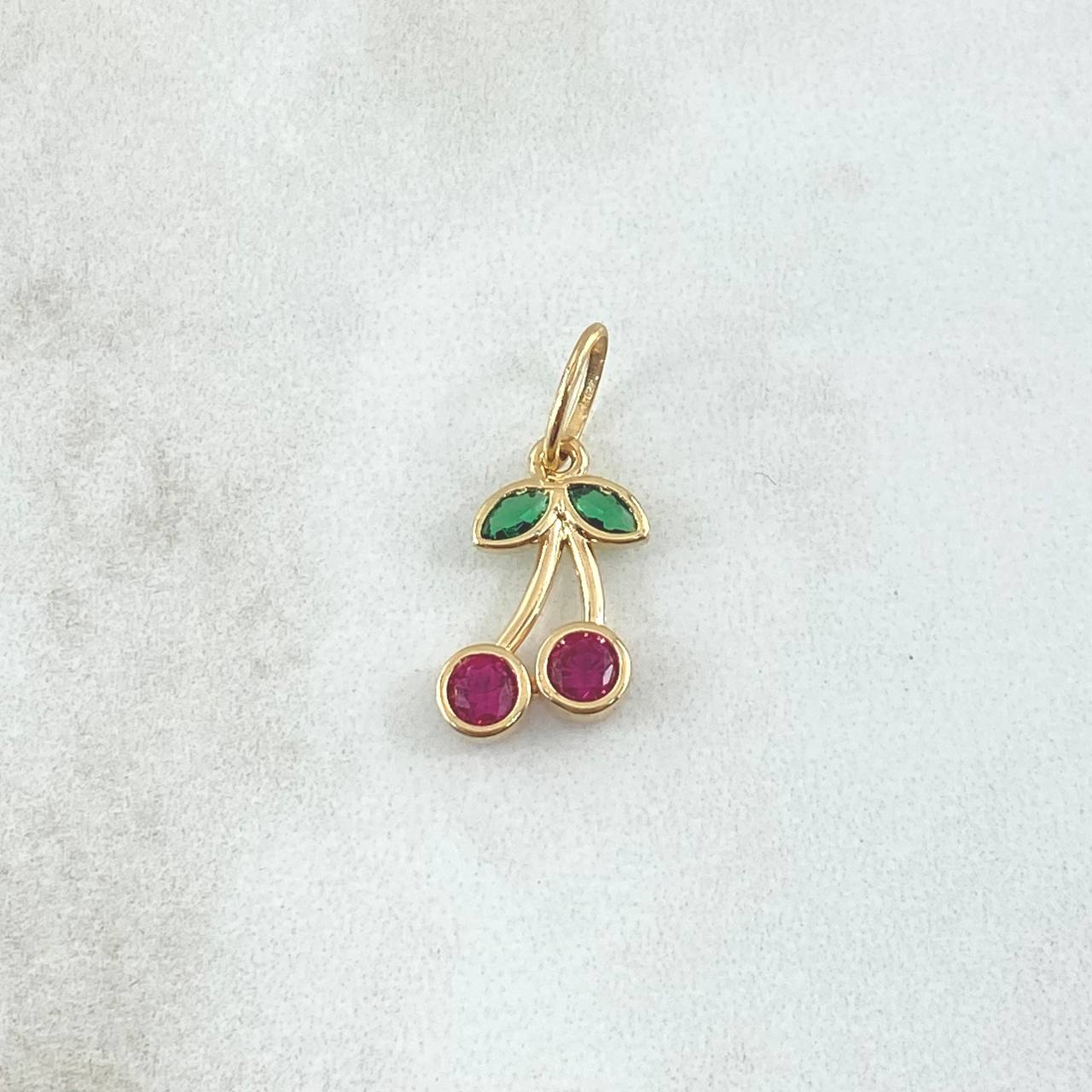 Pendant Cherries 1.25gr / 2.2cm / Fuchsia and Green Zircons 18K Yellow Gold