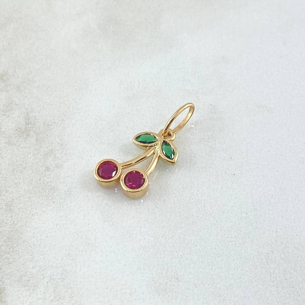 Pendant Cherries 1.25gr / 2.2cm / Fuchsia and Green Zircons 18K Yellow Gold