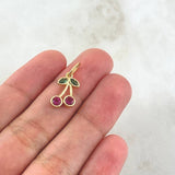Pendant Cherries 1.2gr / 2.2cm / Fuchsia and Green Zircons 18K Yellow Gold