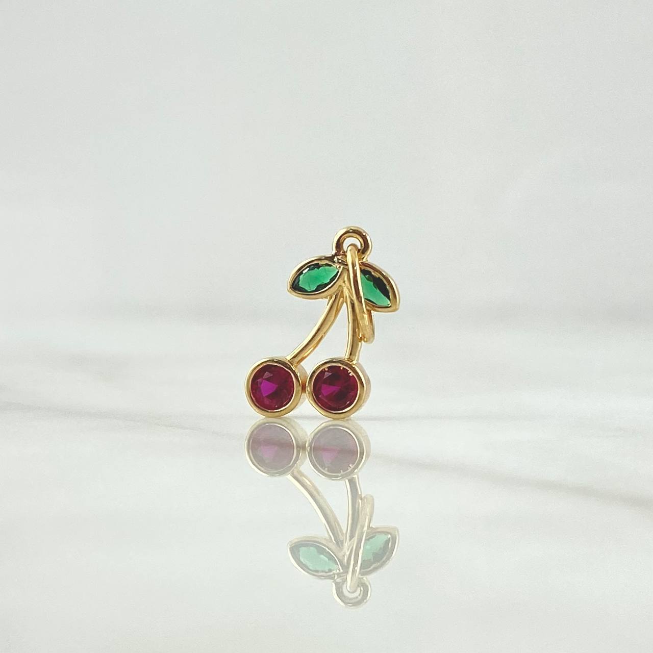 Pendant Cherries 1.25gr / 2.2cm / Fuchsia and Green Zircons 18K Yellow Gold