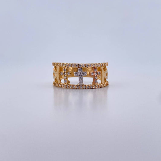 Three Crosses Band Ring 3.85gr / Size 7 1/4 / White Zircons Three 18K Gold $