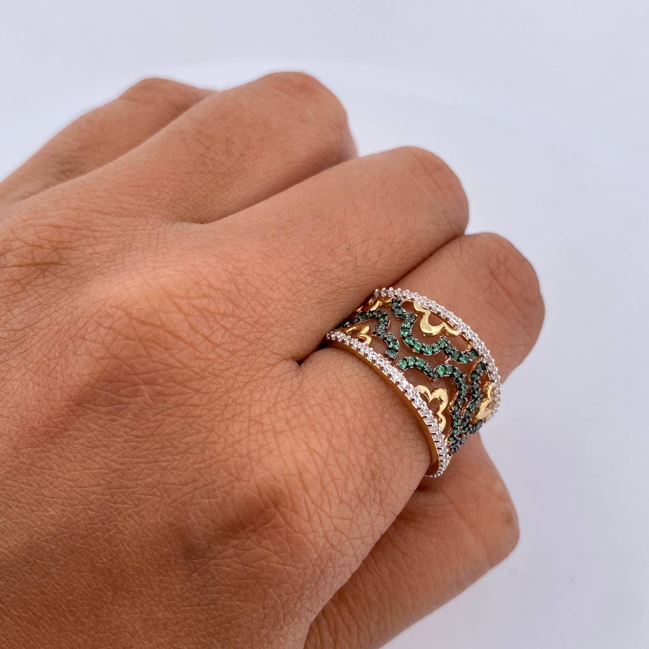 Half Flower Ring 5.7gr / Size 8 / White Zircons Green Yellow Gold 18K $