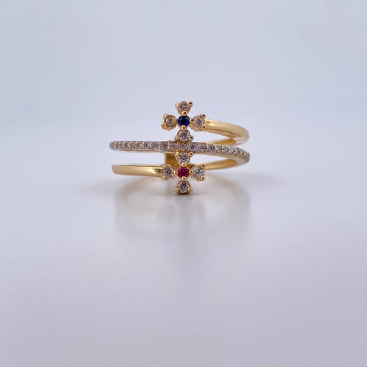 Crossed Flower Ring 3.85gr / Size 6 / White, Fuchsia, Blue Zircons Two 18K Yellow and White Golds $