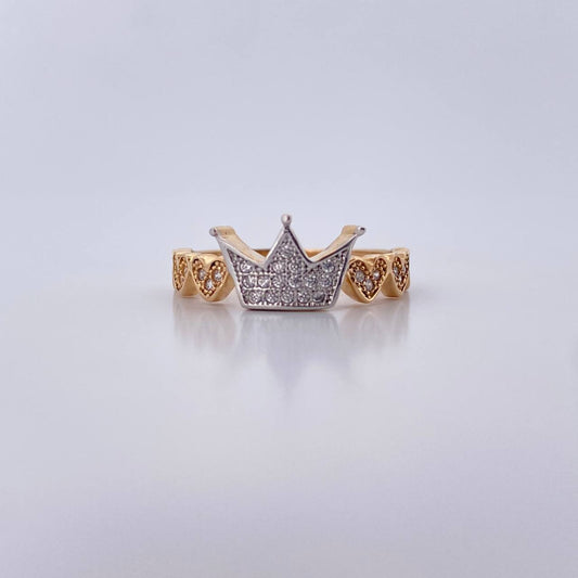 Heart Crown Ring 2.65gr / Size 6 3/4 / White Zircons Two-tone 18K Yellow and White Gold $