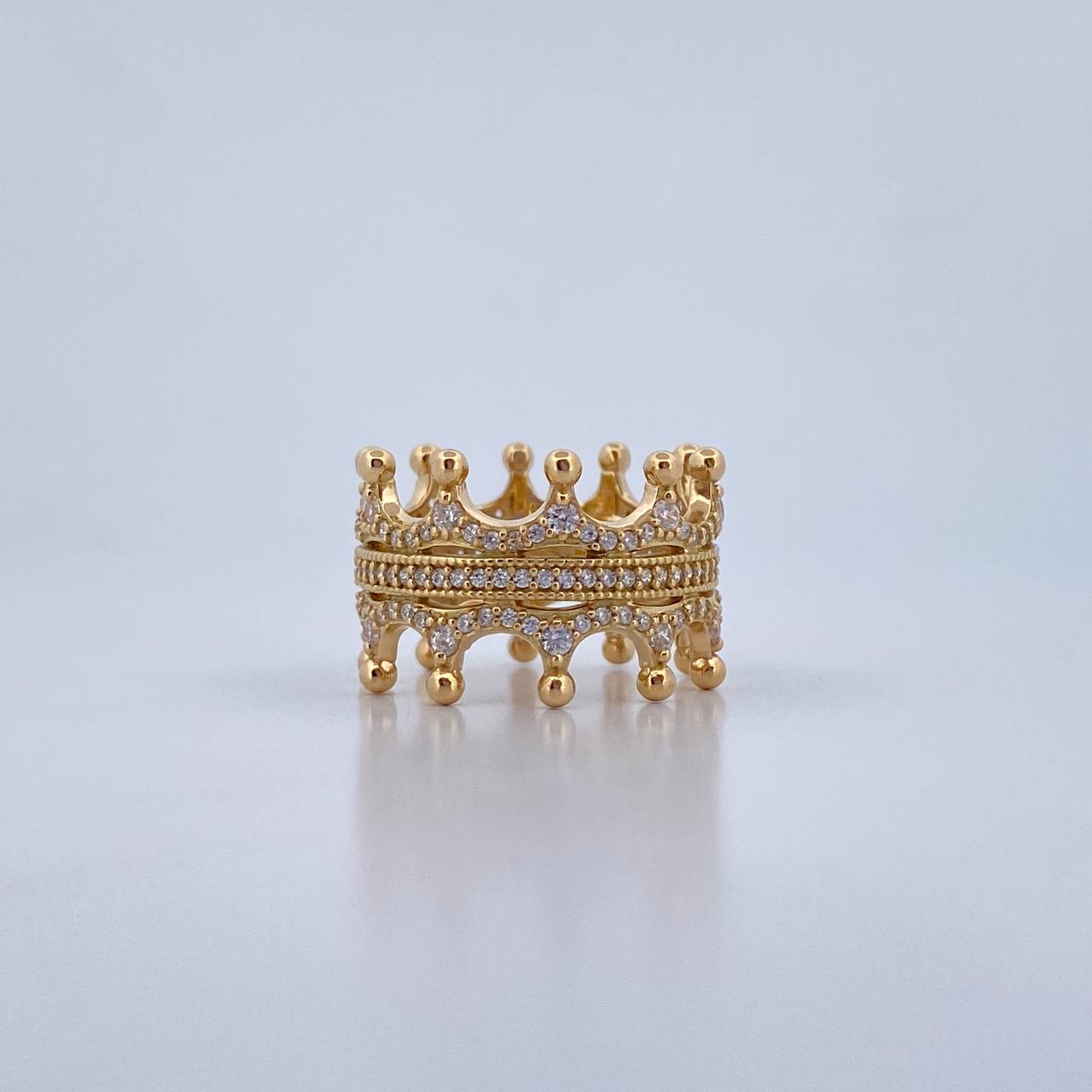 Double Crown Ring 7.45gr / Size 7 / White Zircons 18K Yellow Gold &