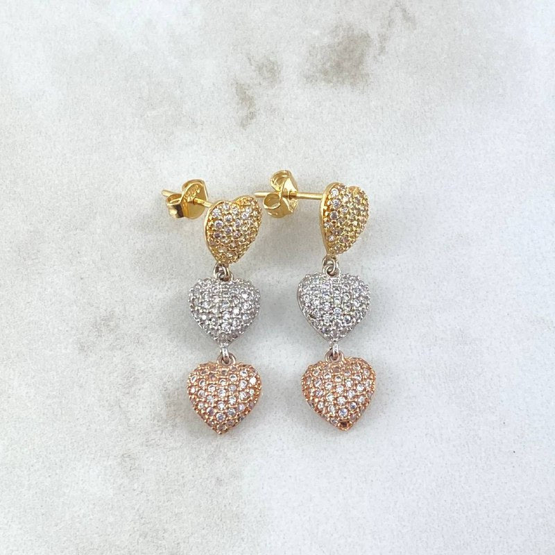 Stud Earrings Hearts 4.25gr / 3cm / White Zircons Three 18K Golds ©