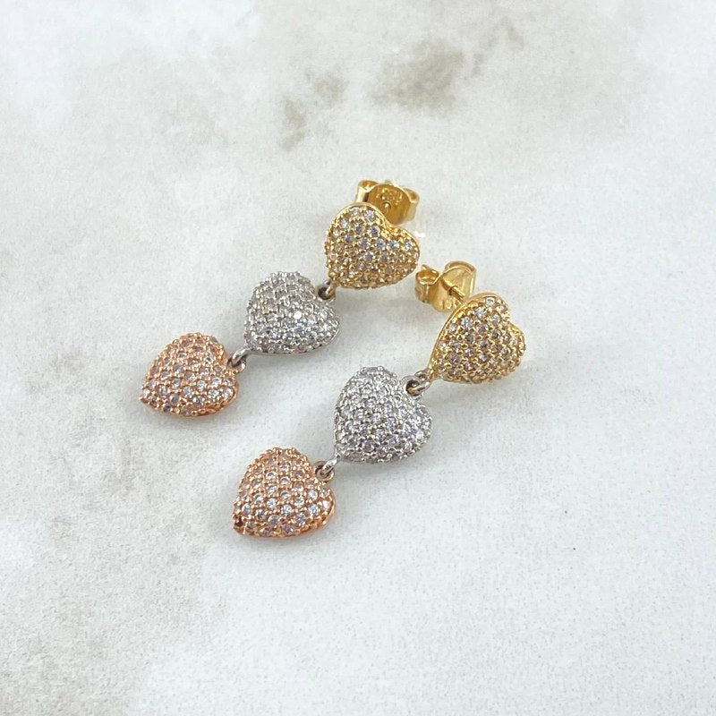 Stud Earrings Hearts 4.25gr / 3cm / White Zircons Three 18K Golds ©