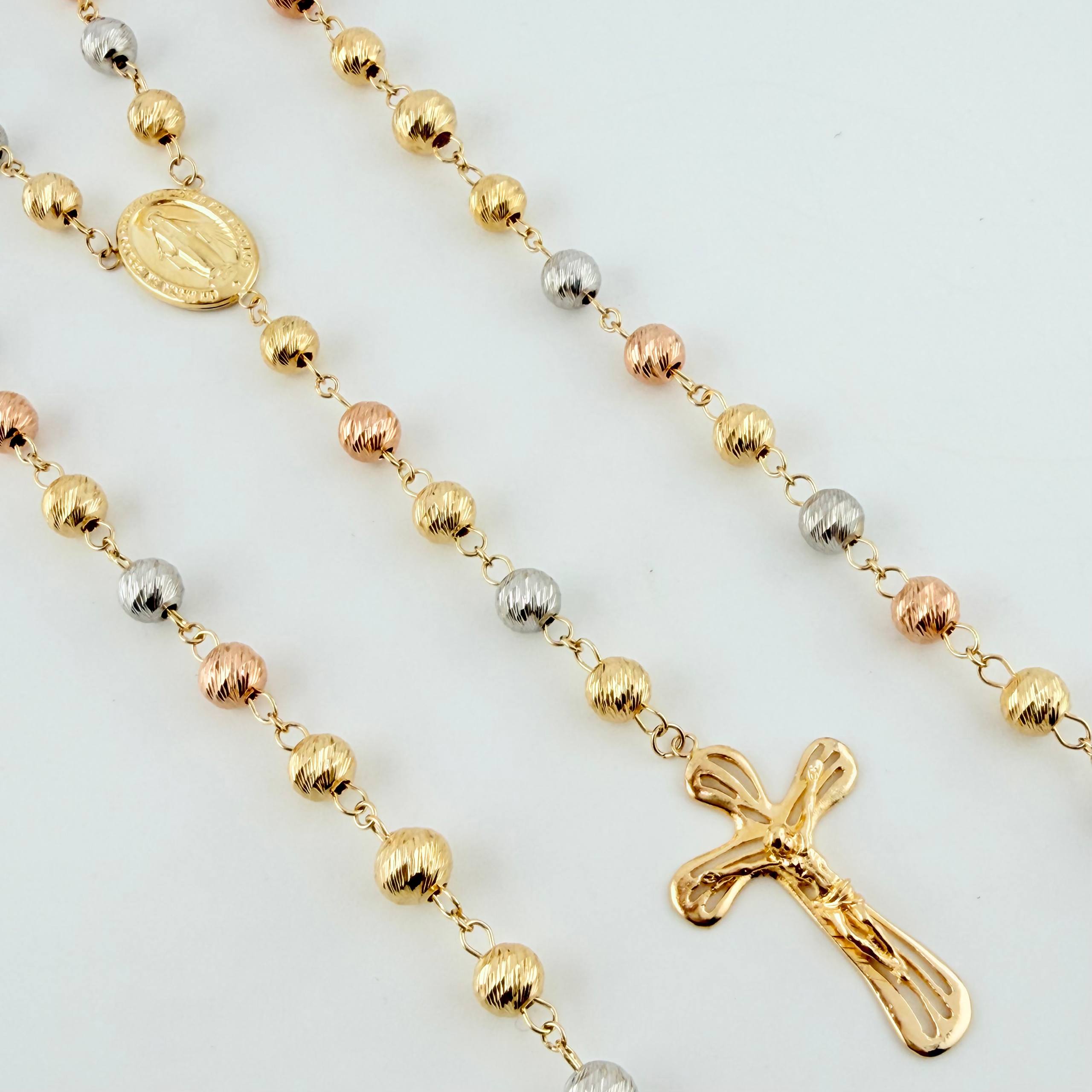Rosary Miraculous Virgin Bardera Christ Cross 29.1gr / 29 1/2 in / 7mm-8mm Three Golds 18K