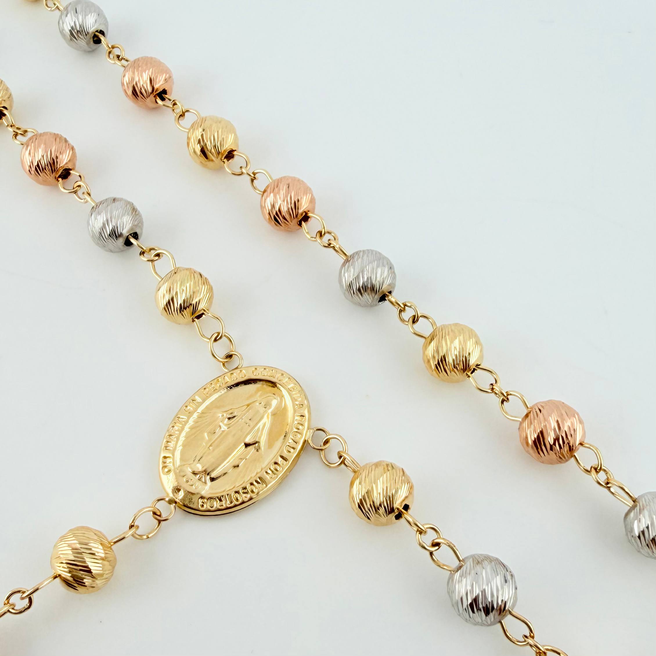 Rosary Miraculous Virgin Bardera Christ Cross 29.1gr / 29 1/2 in / 7mm-8mm Three Golds 18K