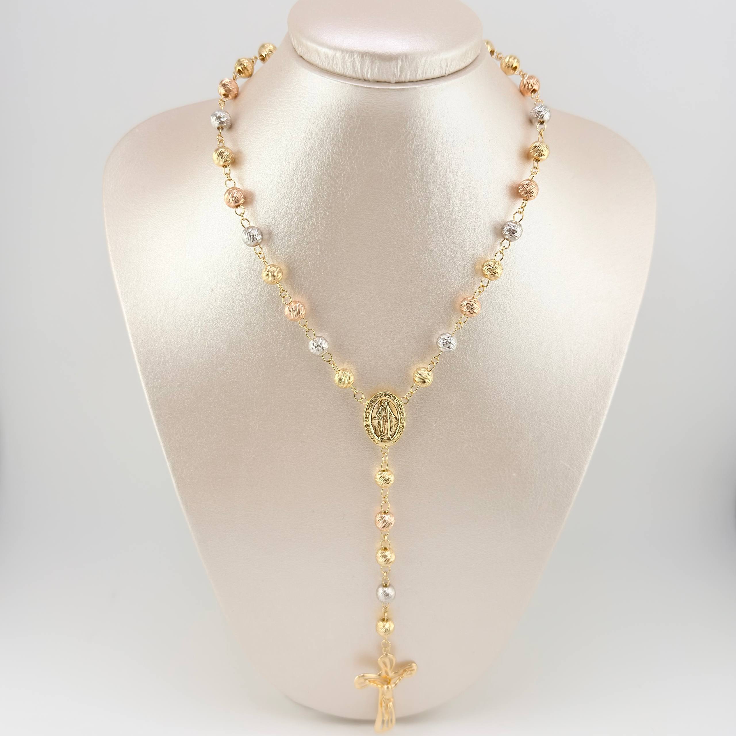 Rosary Miraculous Virgin Bardera Christ Cross 29.1gr / 29 1/2 in / 7mm-8mm Three Golds 18K